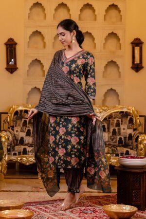 Floral Salwar Suit in Dark and Burnt Umber Cotton