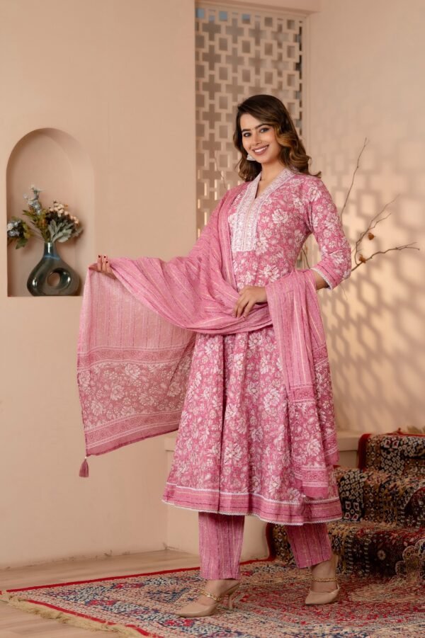 Cotton Floral  Rose Pink Anarkali set  