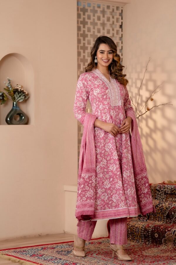 Cotton Floral  Rose Pink Anarkali set  