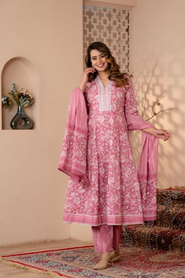 Cotton Floral  Rose Pink Anarkali set  