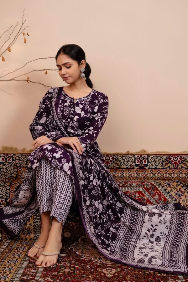 Cotton Floral Suit Set in Dark Purple  