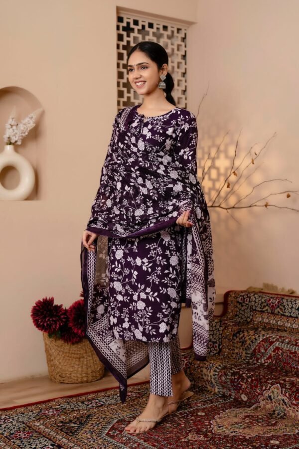 Cotton Floral Suit Set in Dark Purple  