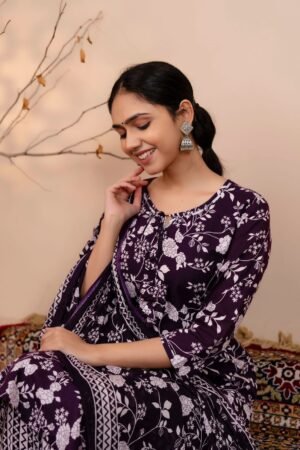 Cotton Floral Suit Set in Dark Purple