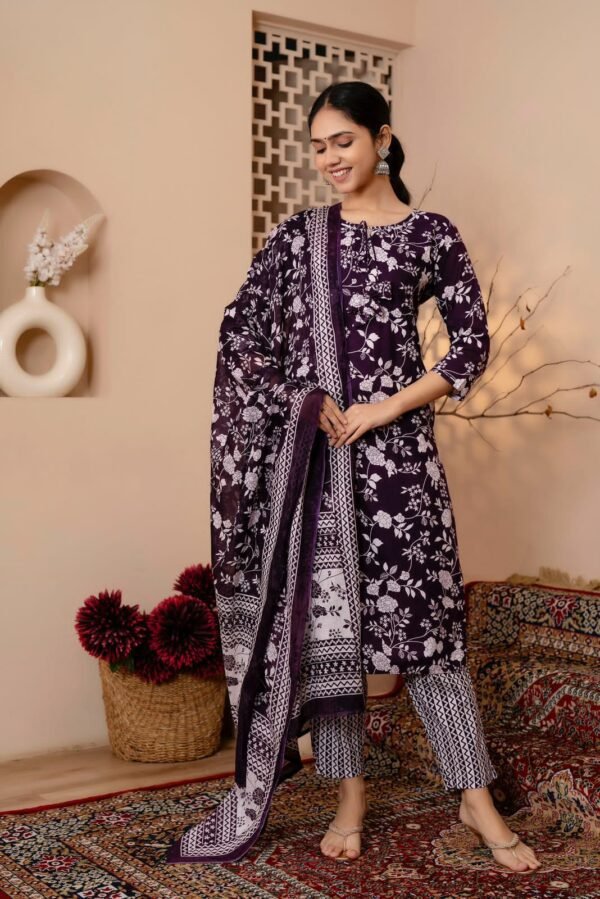 Cotton Floral Suit Set in Dark Purple  