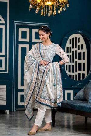 Sanganeri Block Print Cotton Suit Set in Cloud