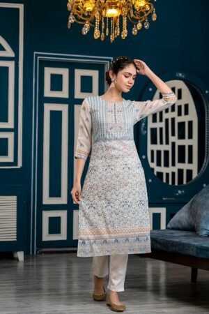 Sanganeri Block Print Cotton Suit Set in Cloud
