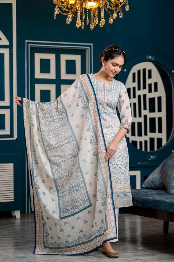 Sanganeri Block Print Cotton Suit Set in Cloud  