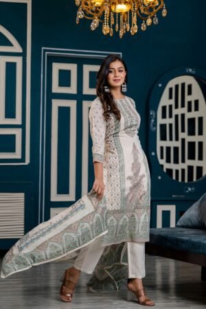 Cotton Sanganeri Block Print Suit Set in Nobel White