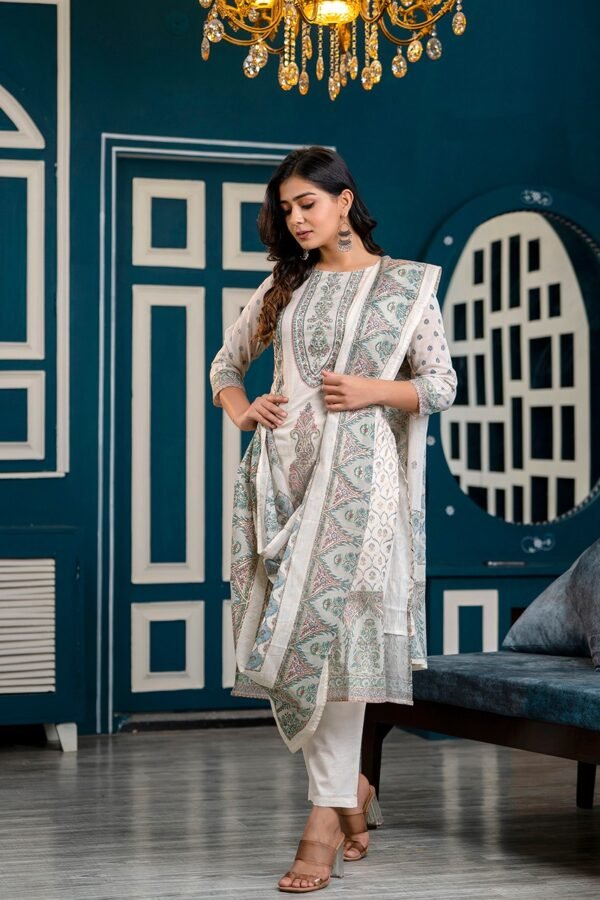 Cotton Sanganeri Block Print Suit Set in Nobel White  