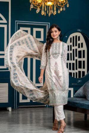 Cotton Sanganeri Block Print Suit Set in Nobel White