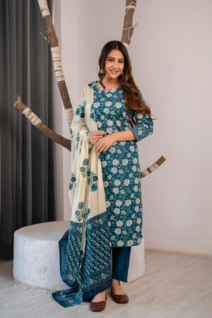 Floral Suit Set in Indigo Cotton