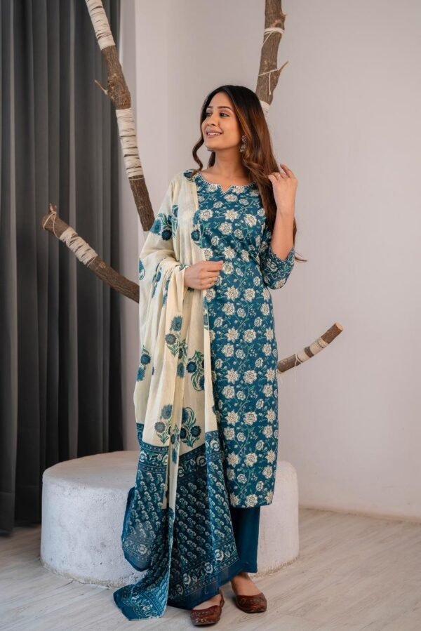 Floral Suit Set in Indigo Cotton  