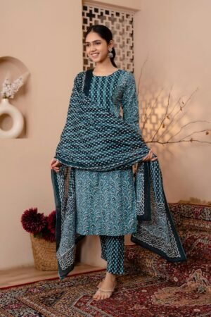 Indian Hand Print Cotton Suit Set in Deep Teal