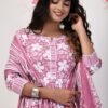 Muted Pink and Noble White Cotton Flared Anarkali Set  