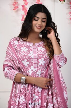Muted Pink and Noble White Cotton Flared Anarkali Set