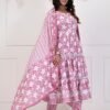 Muted Pink and Noble White Cotton Flared Anarkali Set  