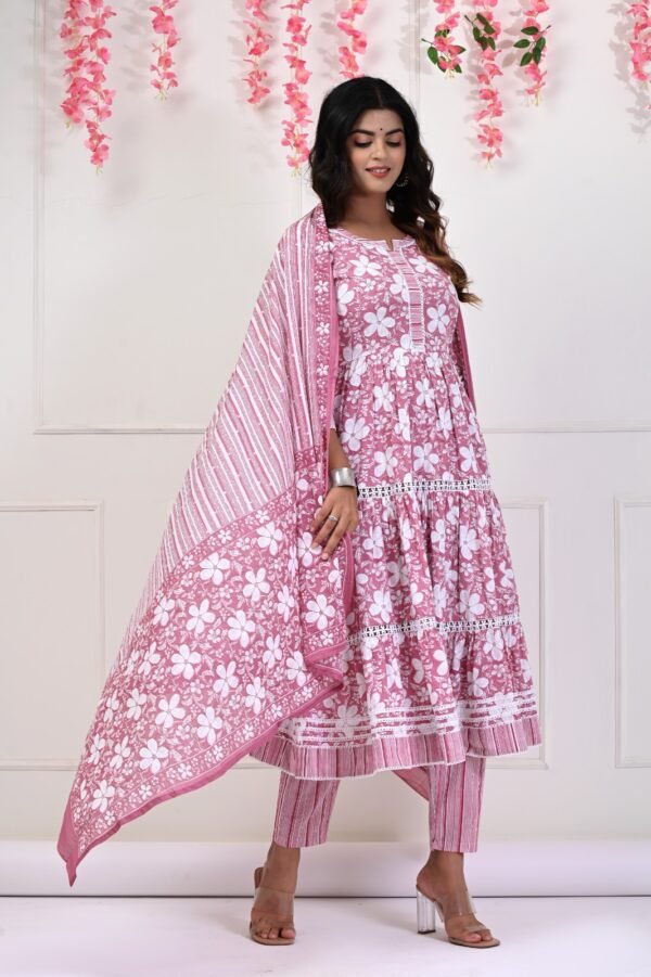 Muted Pink and Noble White Cotton Flared Anarkali Set  