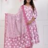 Muted Pink and Noble White Cotton Flared Anarkali Set  