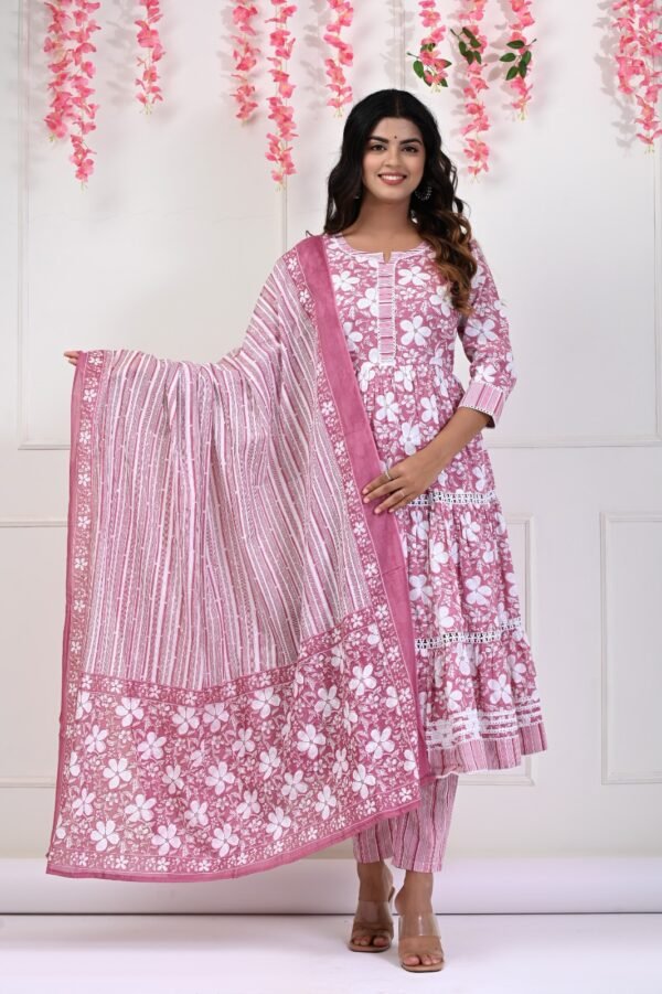 Muted Pink and Noble White Cotton Flared Anarkali Set  