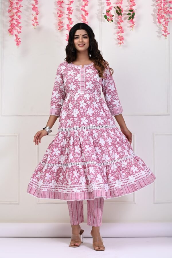 Muted Pink and Noble White Cotton Flared Anarkali Set  