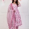 Muted Pink and Noble White Cotton Flared Anarkali Set  