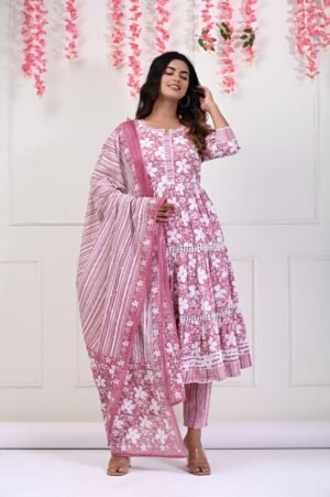 Muted Pink and Noble White Cotton Flared Anarkali Set