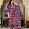 Wine Cotton Floral Pattern Suit Set  