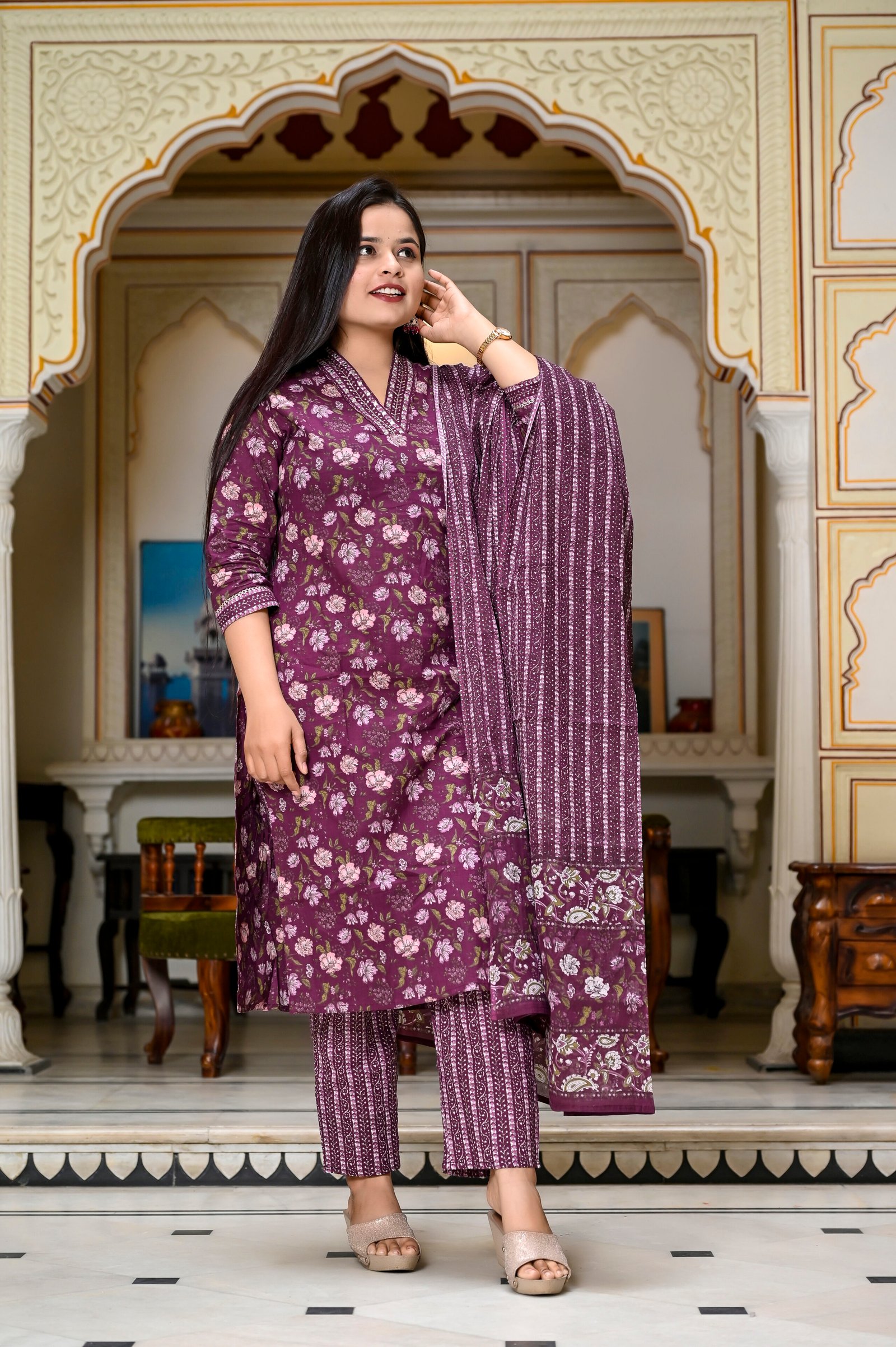 Wine Cotton Floral Pattern Suit Set  