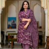 Wine Cotton Floral Pattern Suit Set  