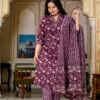 Wine Cotton Floral Pattern Suit Set  