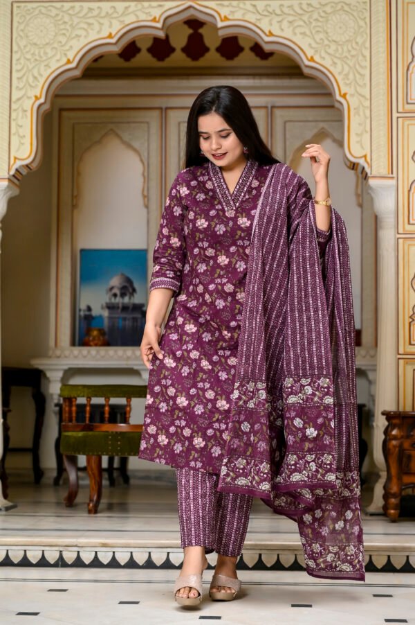 Wine Cotton Floral Pattern Suit Set  