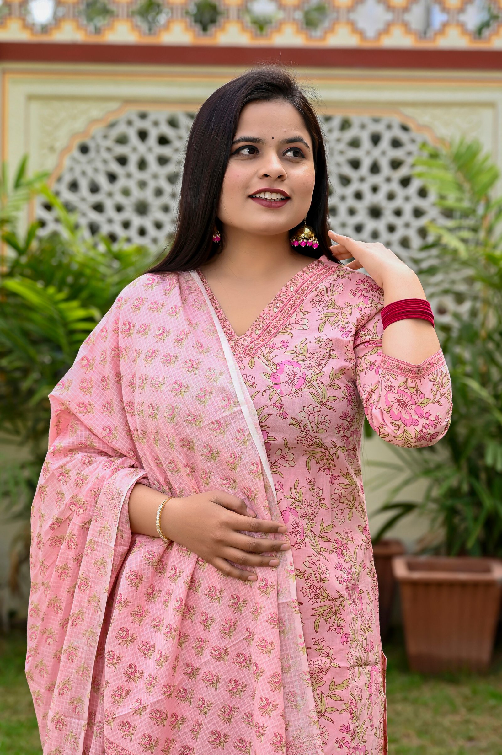 Cotton Floral Suit Set in Powder Pink  