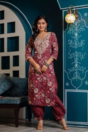 Cotton Floral Print Suit Set in Wine Red