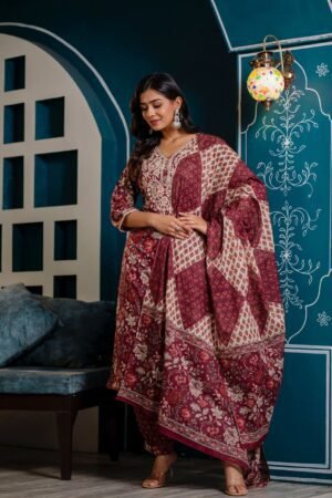 Cotton Floral Print Suit Set in Wine Red