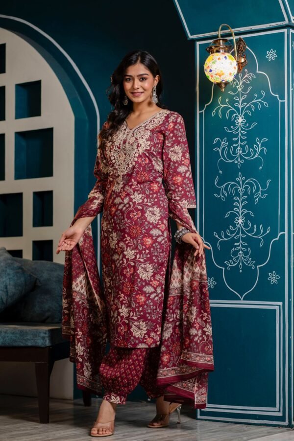 Cotton Floral Print Suit Set in Wine Red  