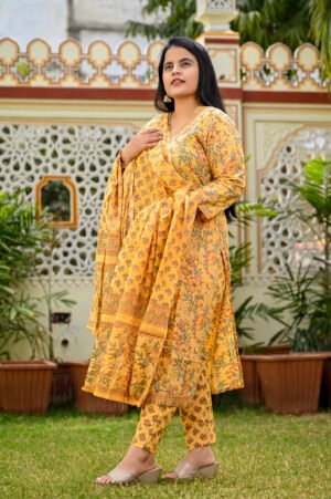 Cotton Floral Suit Set in Saffron Mango
