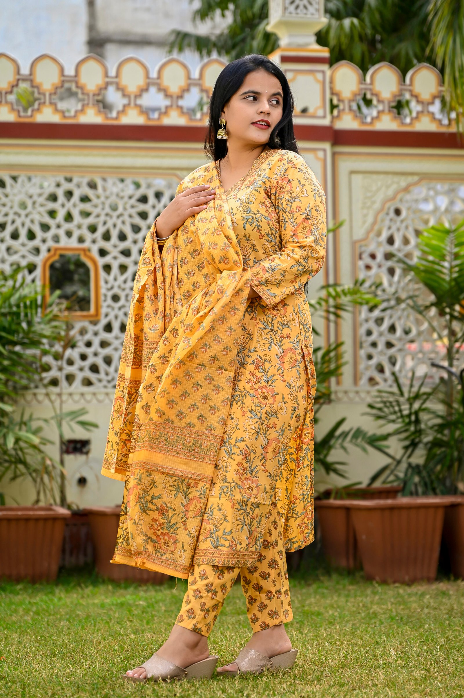 Cotton Floral Suit Set in Saffron Mango  