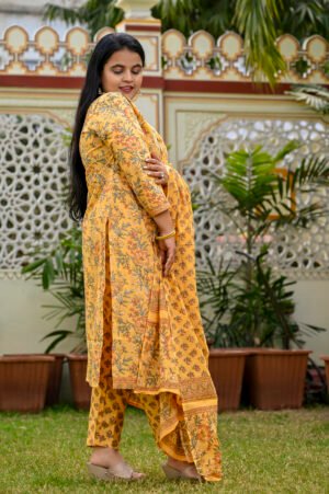 Cotton Floral Suit Set in Saffron Mango