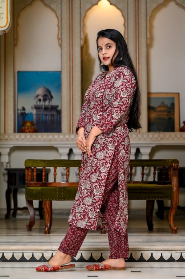 Cotton Kalamkari Printed Suit Set in Rich Maroon  