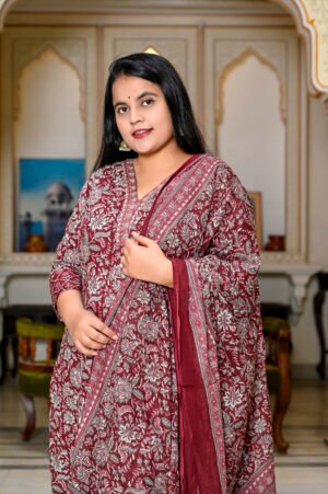 Cotton Kalamkari Printed Suit Set in Rich Maroon