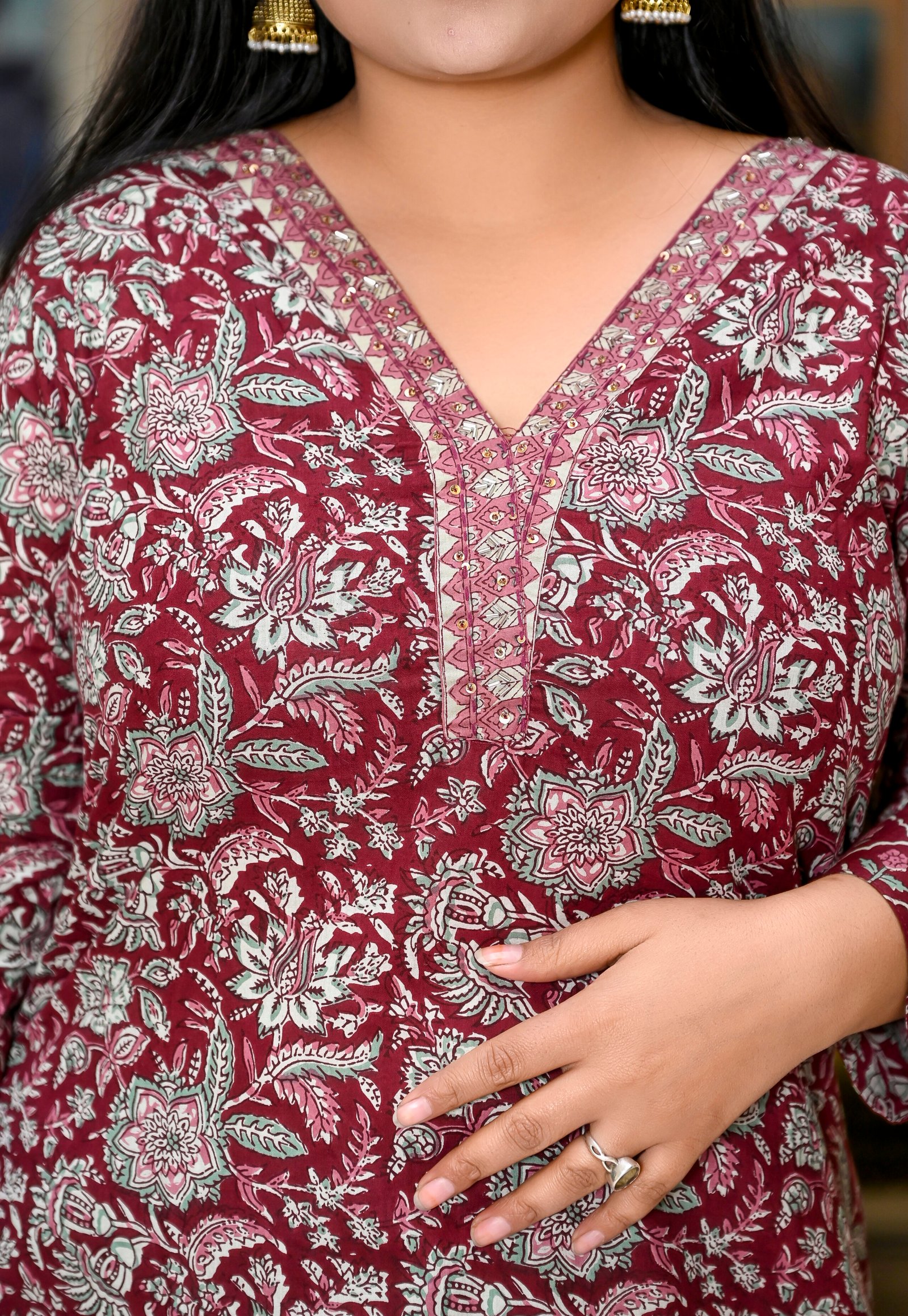 Cotton Kalamkari Printed Suit Set in Rich Maroon  