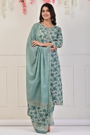 Cotton Floral Suit Set in Blue Smoke