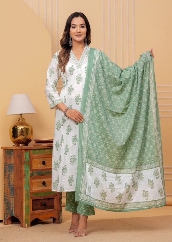 Cotton  White And Coco Green 3 Piece Suit Set in Floral Print.  