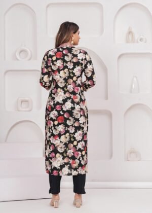 Muslin Digital Charcoal Black and Mix Floral Printed 2 Piece  Women's Kurta Set