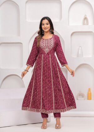 Rhyon Bandhej Glossy Maroon 3 Piece Suit Set in Lace