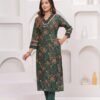 Cotton Floral Digital Printed Suit Set in Forest Green  