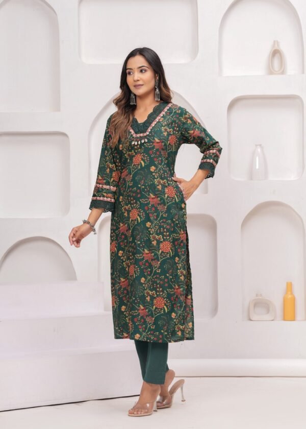 Cotton Floral Digital Printed Suit Set in Forest Green  