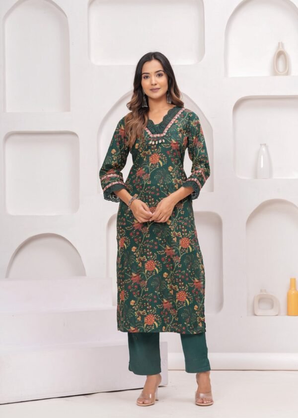 Cotton Floral Digital Printed Suit Set in Forest Green  