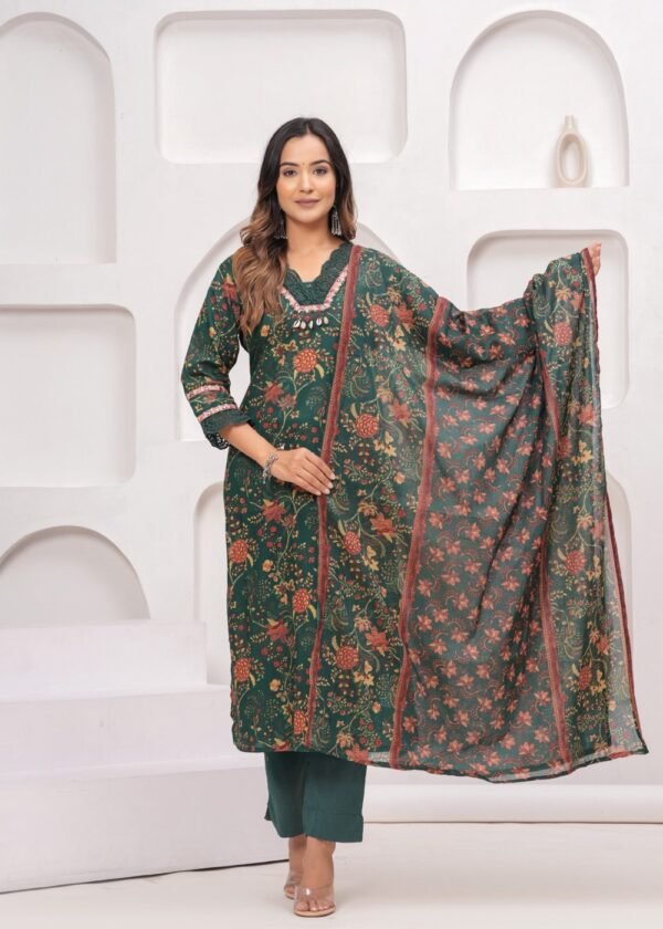 Cotton Floral Digital Printed Suit Set in Forest Green  