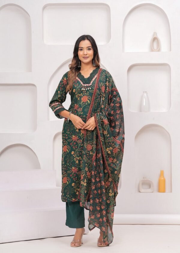 Cotton Floral Digital Printed Suit Set in Forest Green  